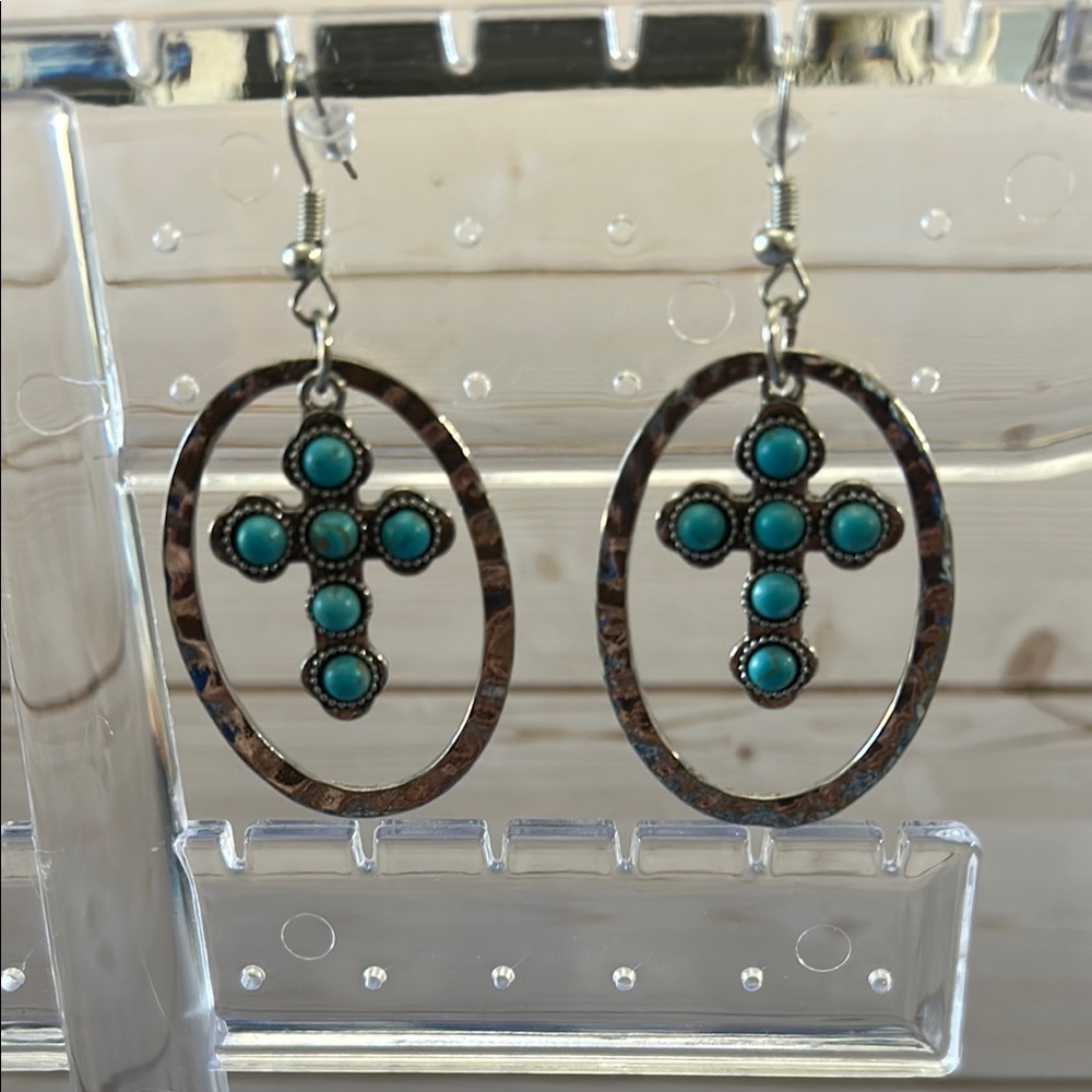 Turquoise Cross Hoop Earrings